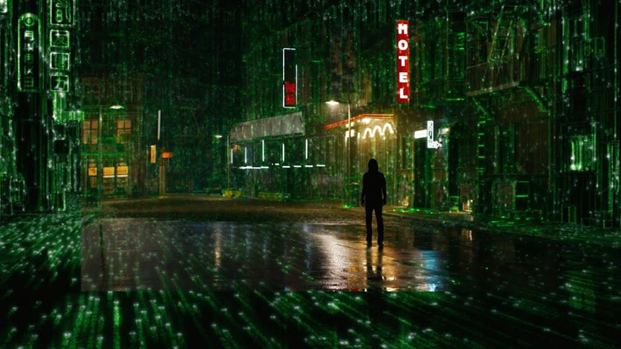 A scene from The Matrix Resurrections, illustrating the concept of a simulated reality.