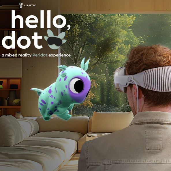 A user holding a virtual Peridot creature from Niantic's game