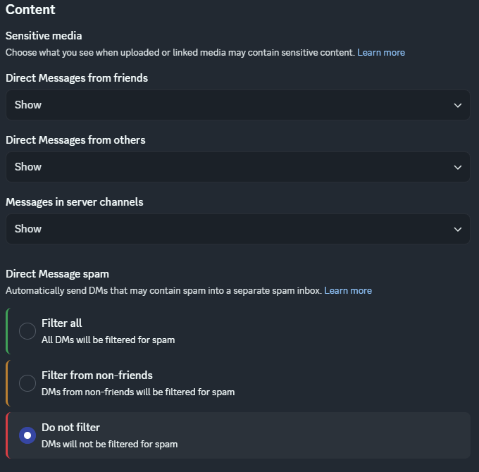 Discord settings for direct messages