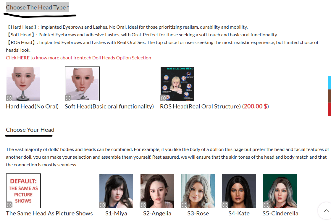 Choosing the head type for a custom sex doll.