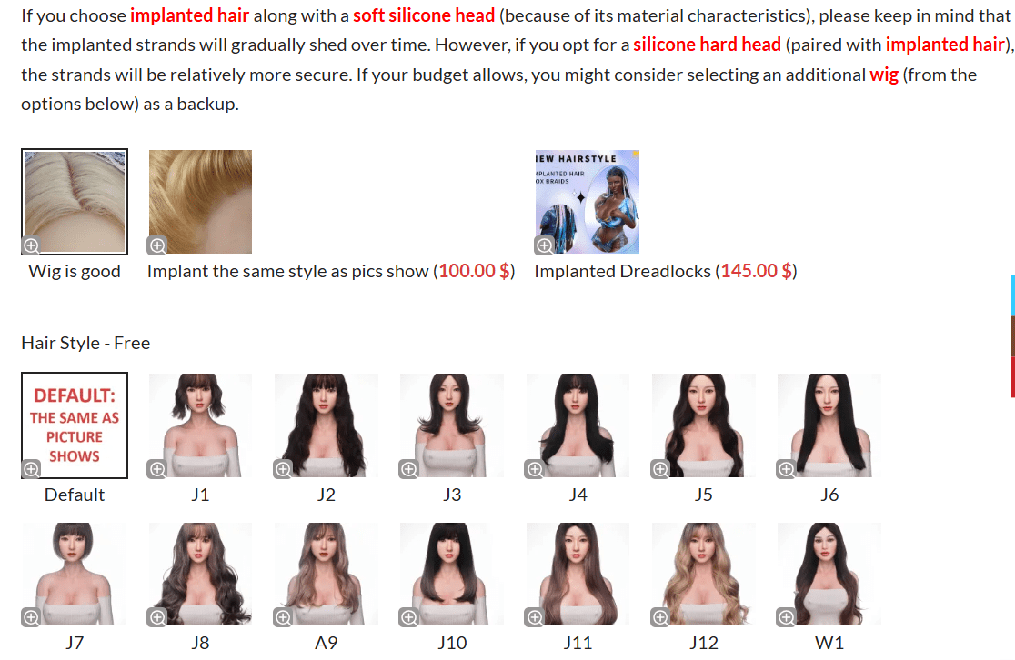Choosing implanted hair and soft silicone head for a sex doll.