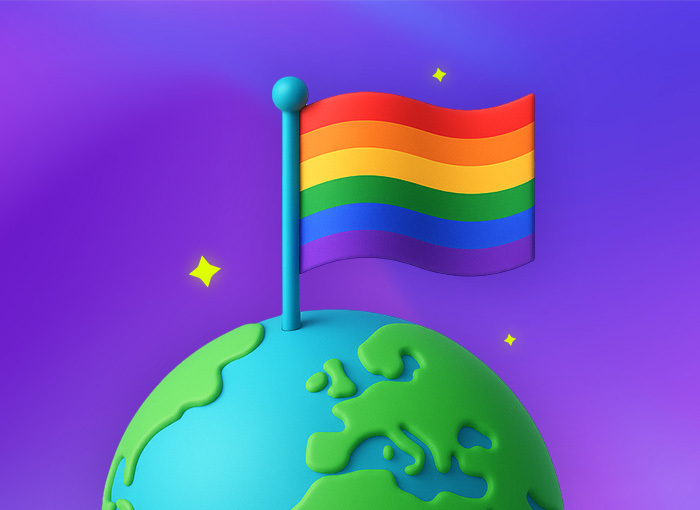 Two women embracing under rainbow lighting