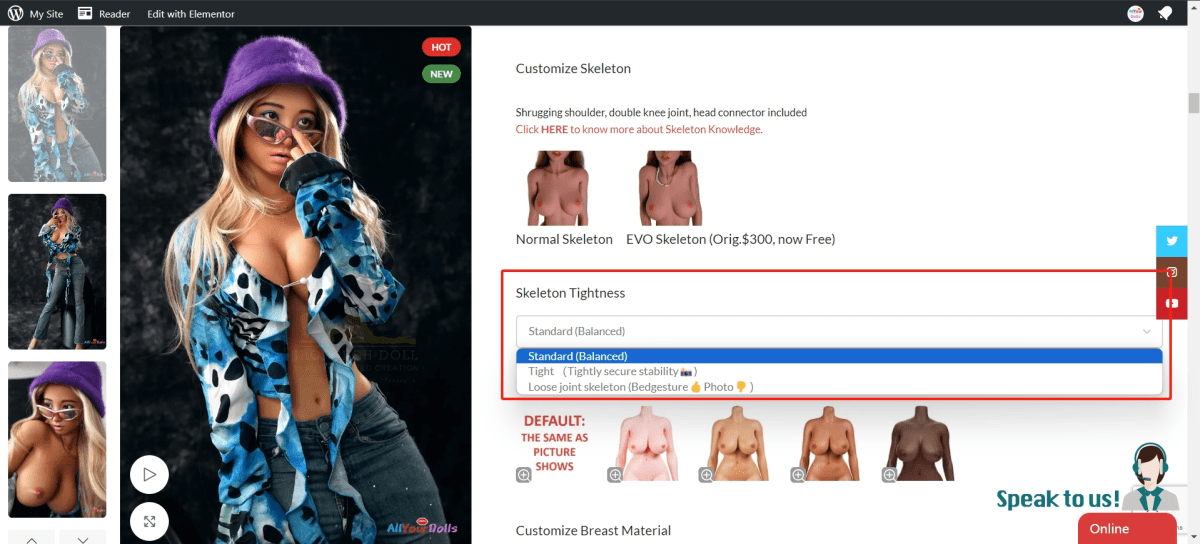 Skeleton tightness customization options on a doll website.