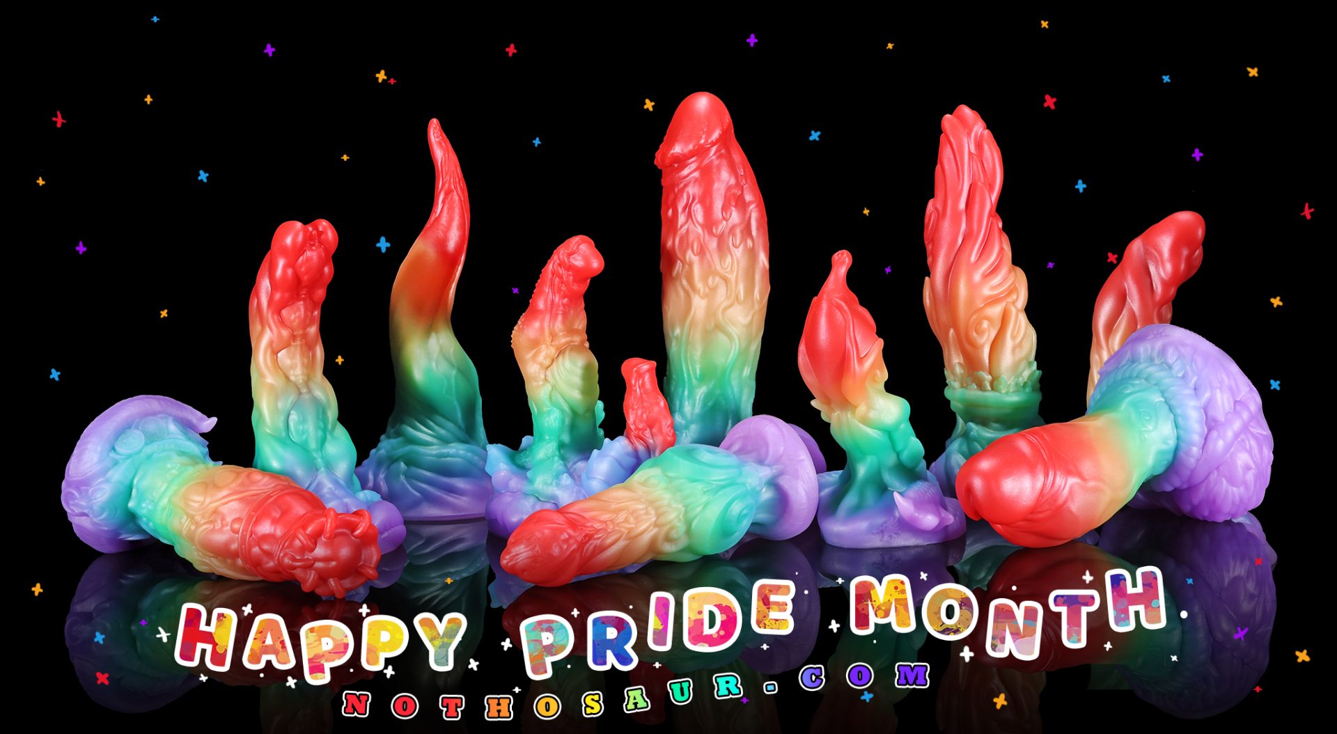 A collection of Nothosaur's fantasy toys in a vibrant rainbow color scheme.